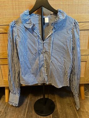 Divided Blue & White Vertical Stripe Ruffle Collar Blouse